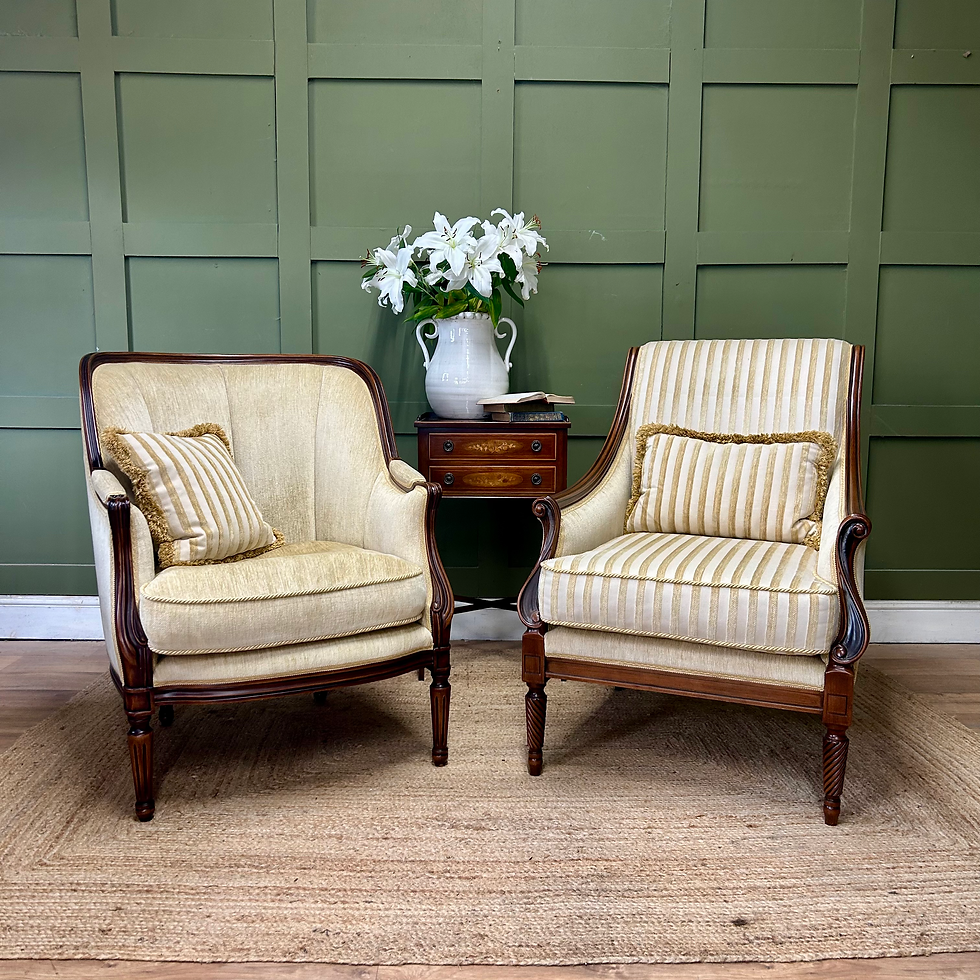Thumbnail: Mahogany Framed Chenille Velvet Striped Armchair