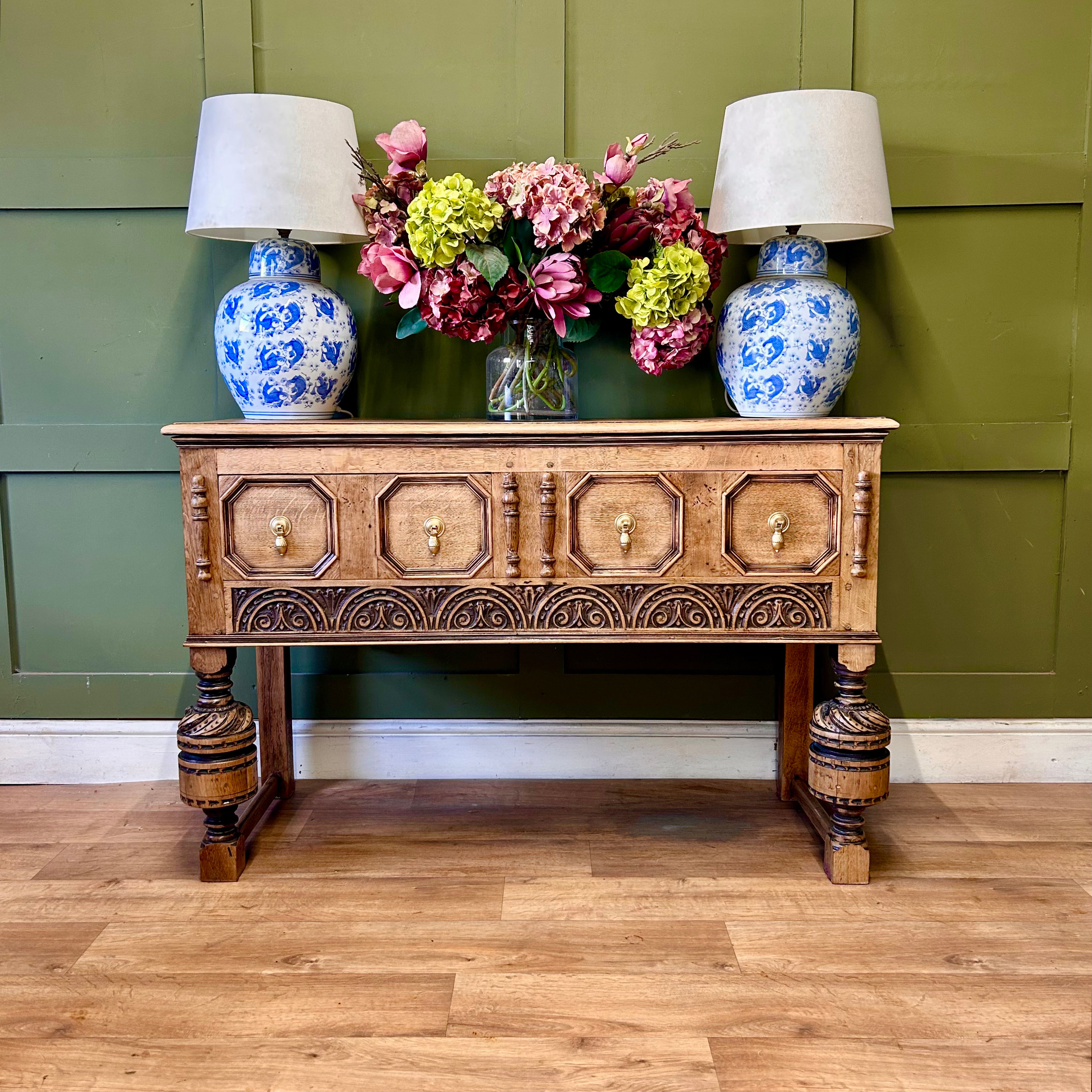 Antique Oak 2 Drawer Console Sideboard 