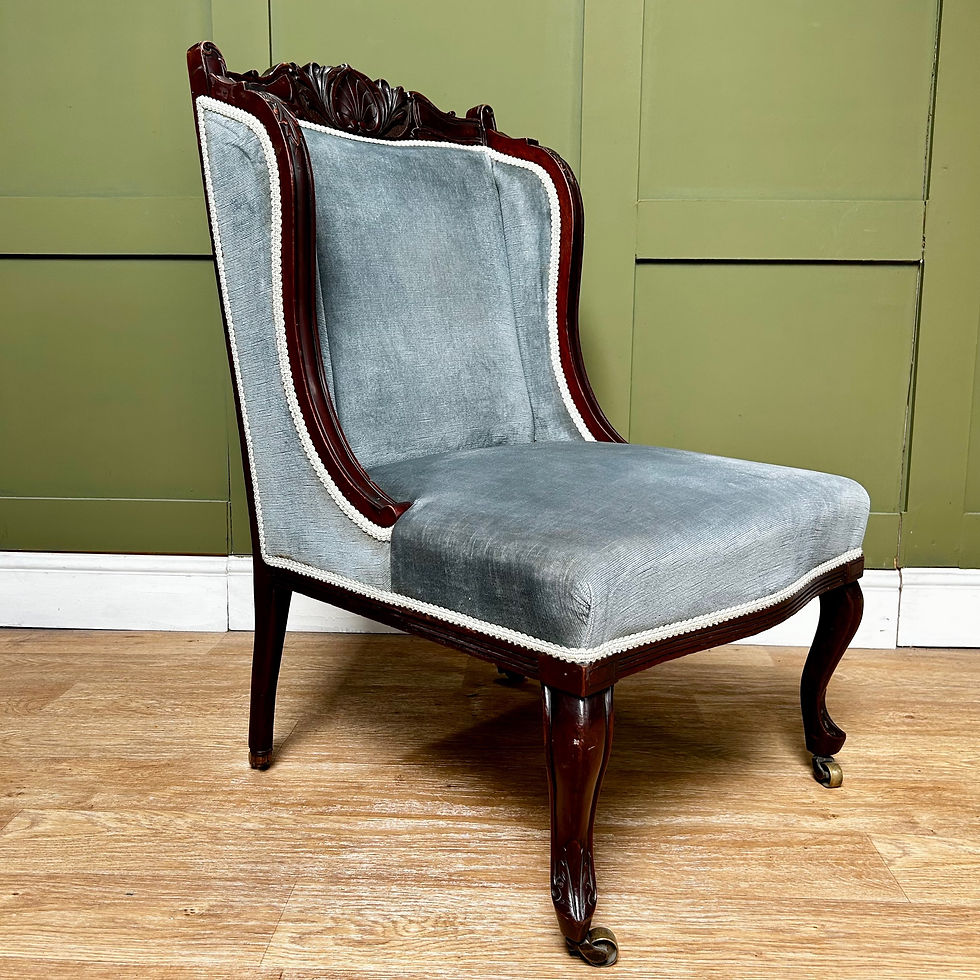 Thumbnail: Edwardian Mahogany Framed Velvet Chair Brass Castors 