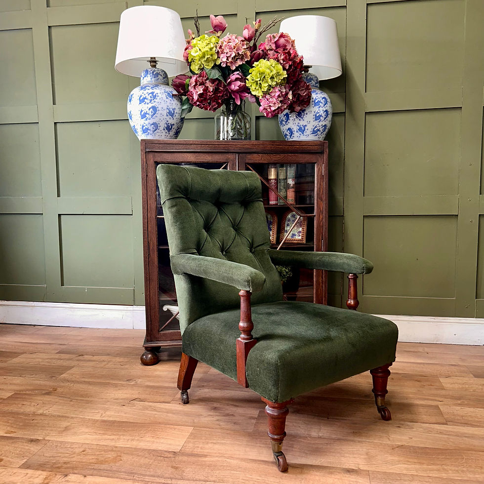 Thumbnail: Antique Victorian Green Buttoned Velvet Chair on Castors