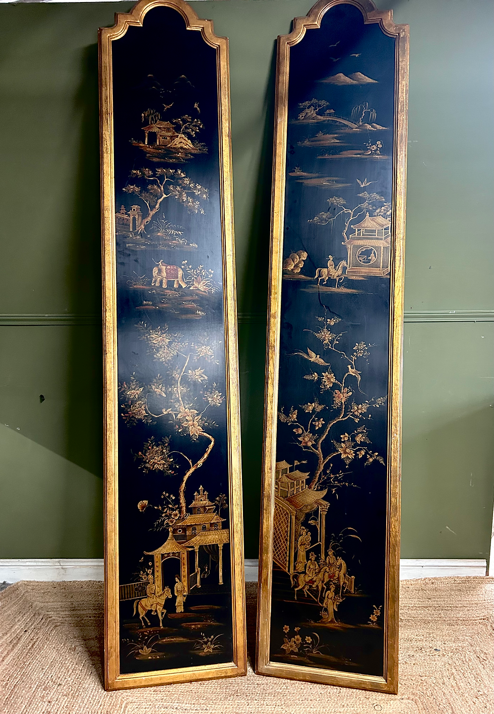 Thumbnail: Pair of Wall Hanging Black Lacquered Oriental Panels 