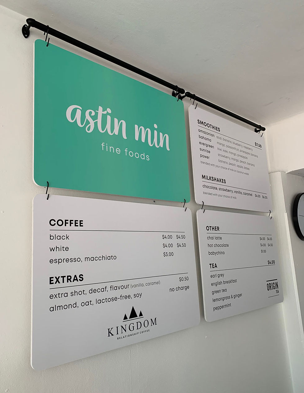 Hanging rail menu boards Sydney for Astin Min cafe.