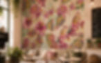 Digitally printed floral wall mural featuring tropical flowers and foliage installed in a café interior.