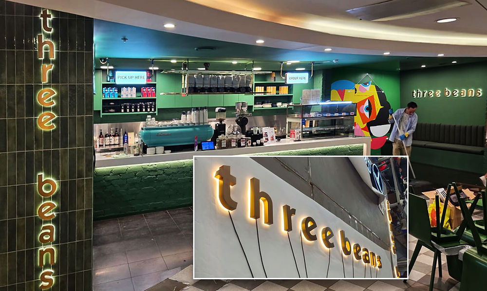 Three Beans illuminated retail signage Sydney with custom 3D lettering and branding