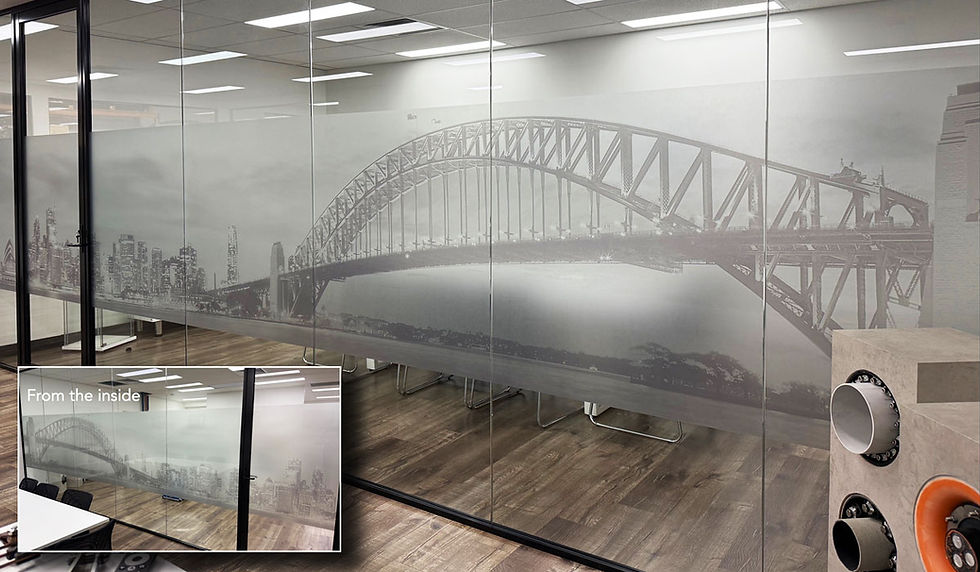 Custom signage & design Sydney featuring Harbour Bridge decal.