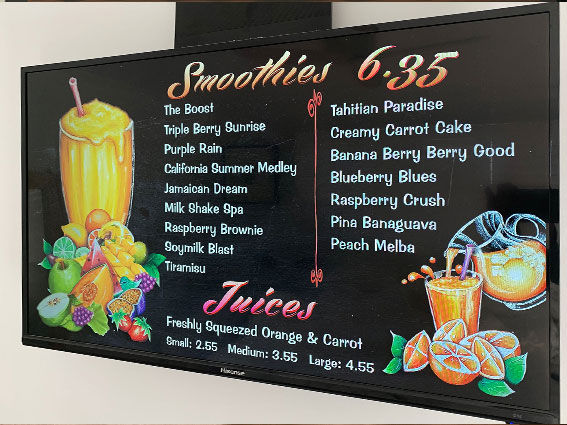 Custom chalk-art Sydney menu for smoothies and juices.