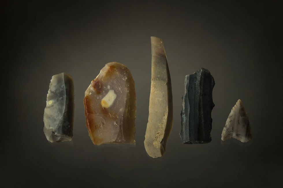 Archeologické nálezy štípané industrie z mladší a pozdní doby kamenné z Velké Chuchle a Lipenců u Prahy. Foto J. Lohnická