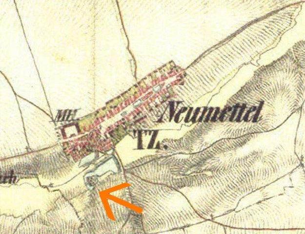 Druhé vojenské mapování, na němž je vidět i přemostění vodního příkopu. (http://oldmaps.geolab.cz/)