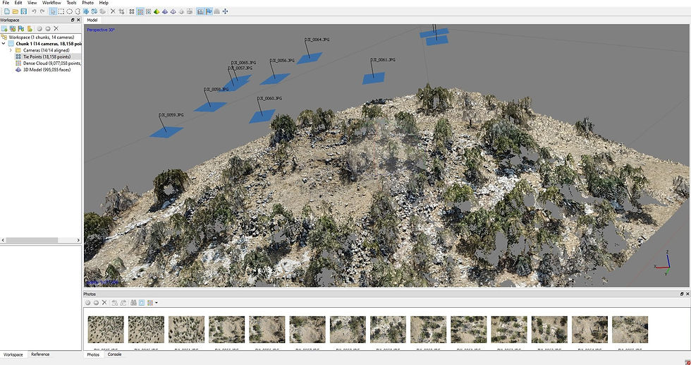 Dopočítávání hustého mračna bodů po triangulaci, v programu PhotoScan