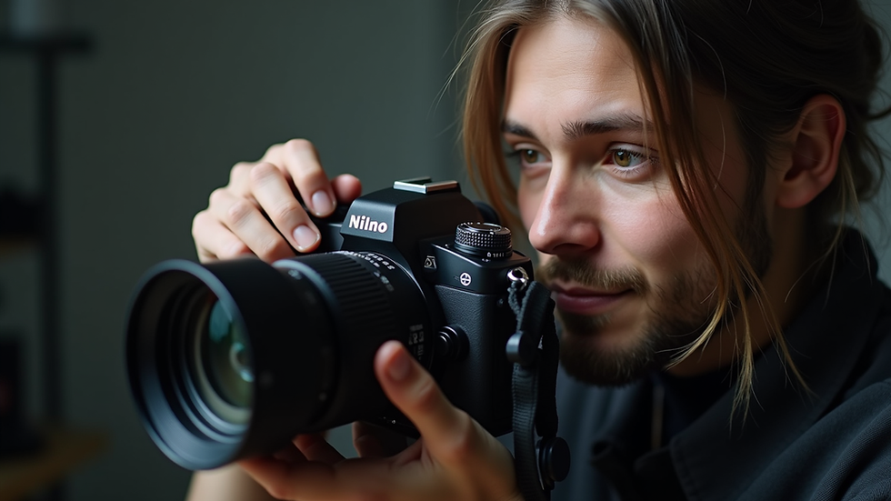 Close-up view of a photographer adjusting camera settings in a studio