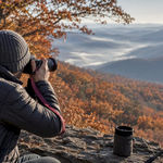Photographer composing autumn foliage landscape