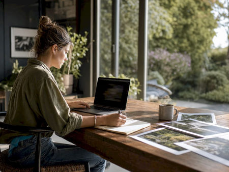 Photographer writing artist statement at home studio desk