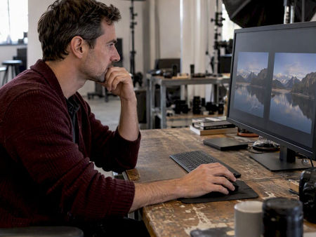 Photographer comparing clean and watermarked image previews