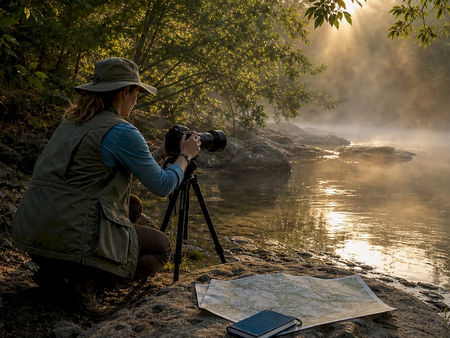 Female wildlife photographer preparing camera outdoors