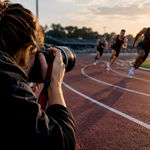 Fotógrafa tomando fotos en una competición de atletismo