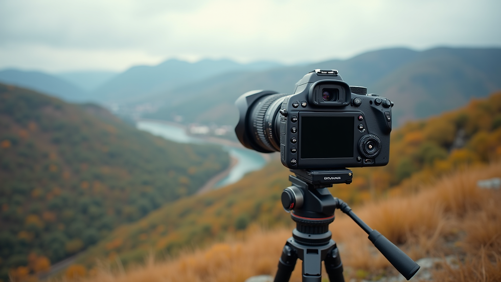 Eye-level view of a professional camera on a tripod overlooking a scenic landscape