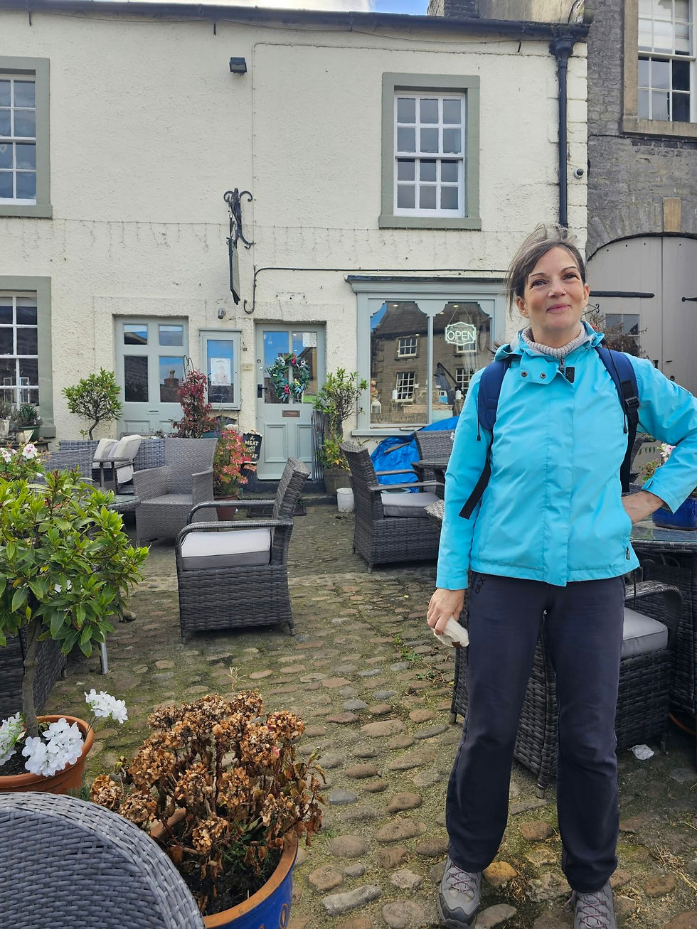 Lyn outside the Castle Keep tea Rooms