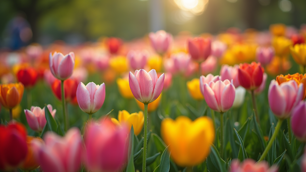 Eye-level view of a colorful flower bed in full bloom