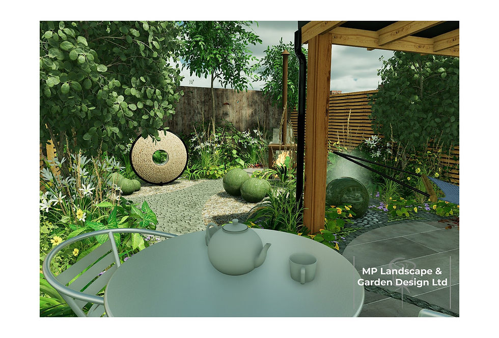 Small Wakefield garden with water feature, planting, canopy and sandstone paving.