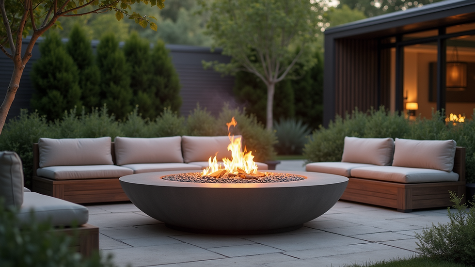 Eye-level view of a modern fire pit surrounded by garden seating