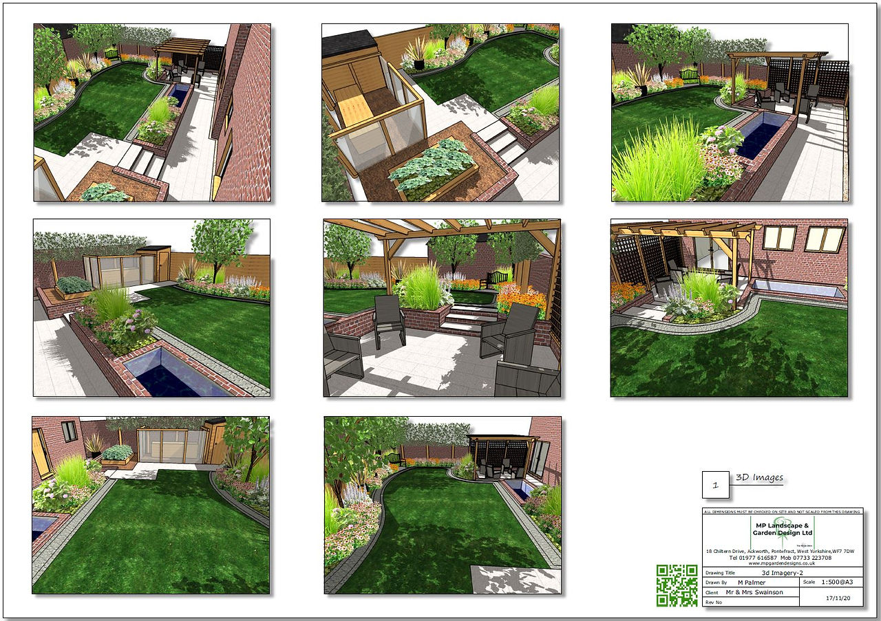 Colour garden layout plan, 3D images for a rear garden in Wakefield