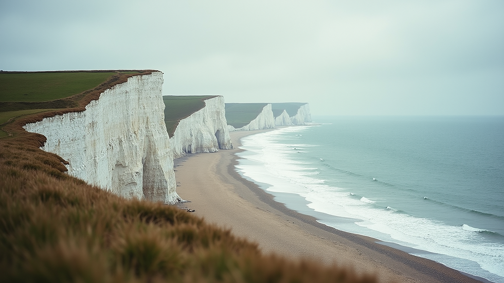 Wide angle view of white chalk cliffs along Yorkshire’s coastline