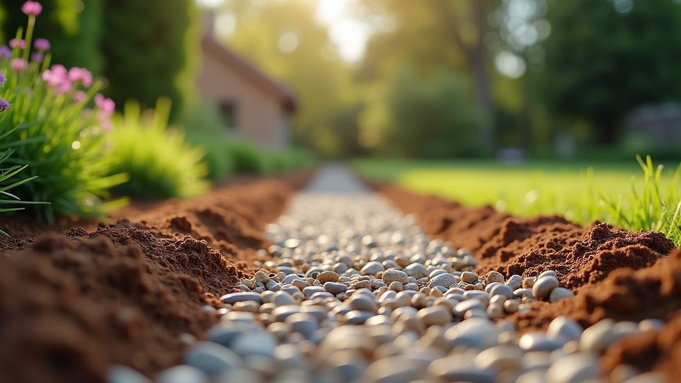Close-up view of mulch and gravel used in a garden path