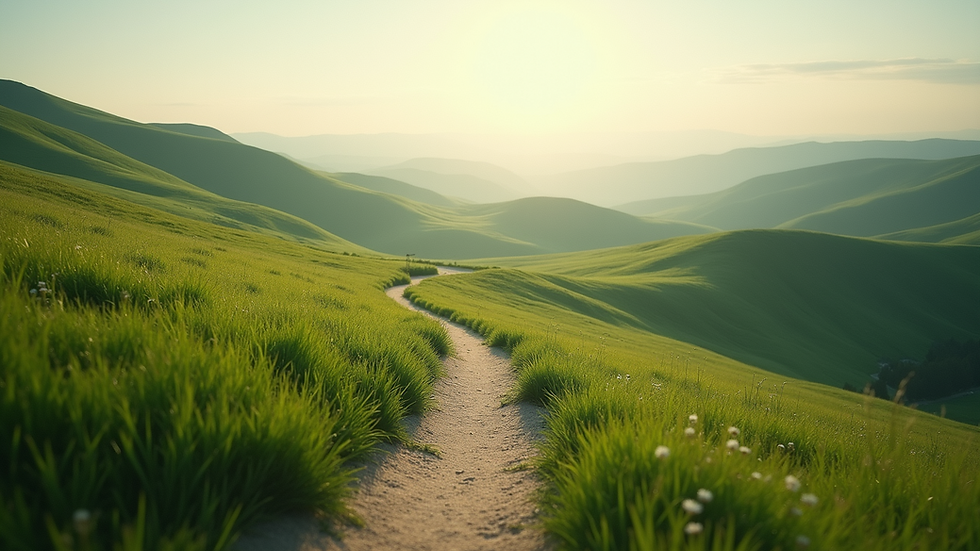 Eye-level view of a winding footpath through green rolling hills