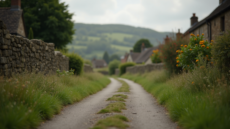 Eye-level view of a footpath winding through a Yorkshire village