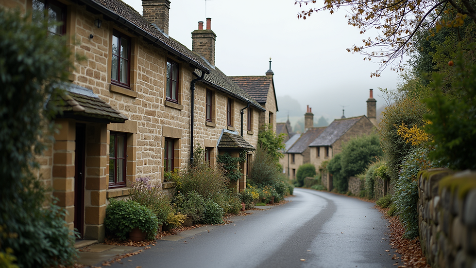 Eye-level view of a traditional Yorkshire village street with stone cottages