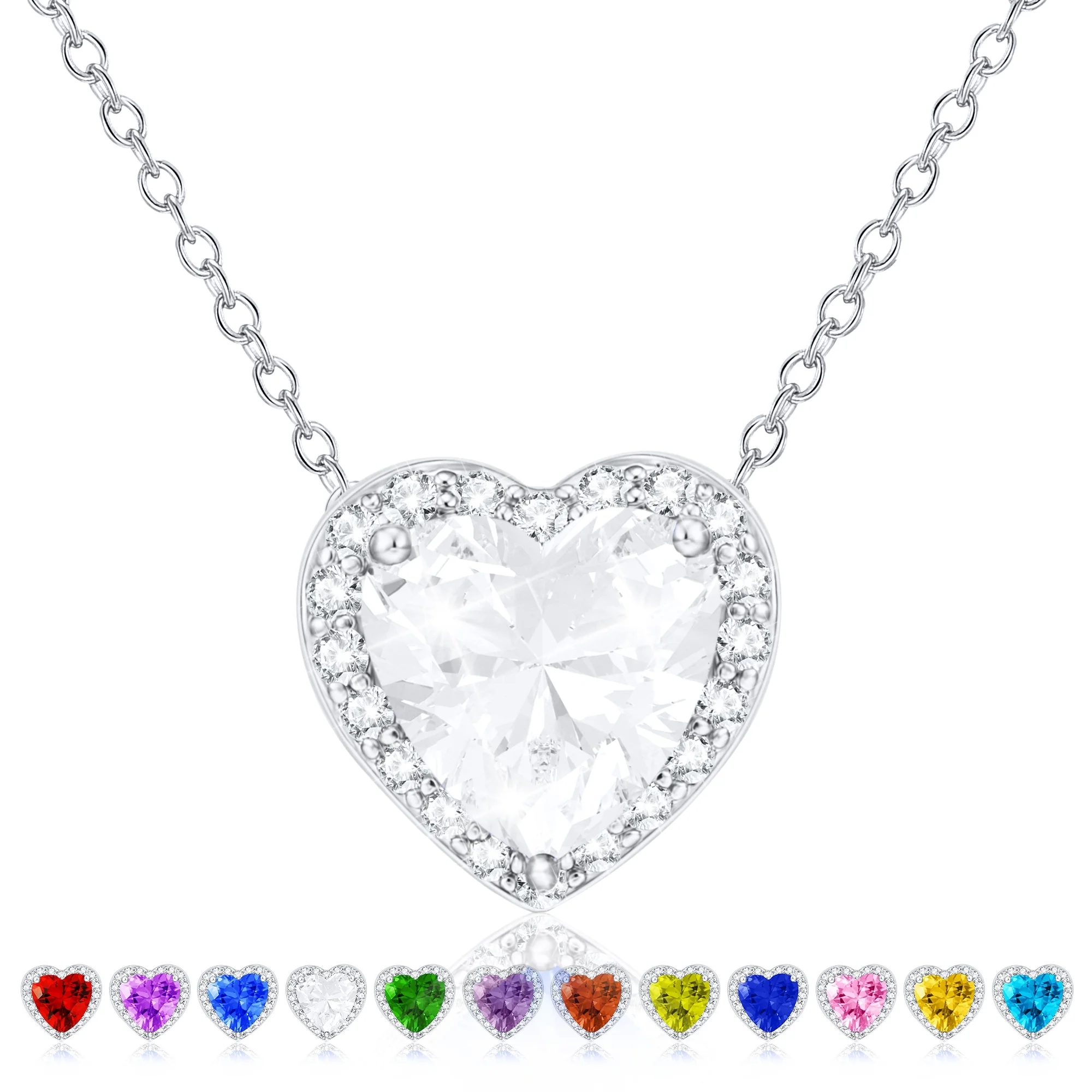S925 Sterling Silver Plated Love Heart Necklaces for Women Girls CZ April Births