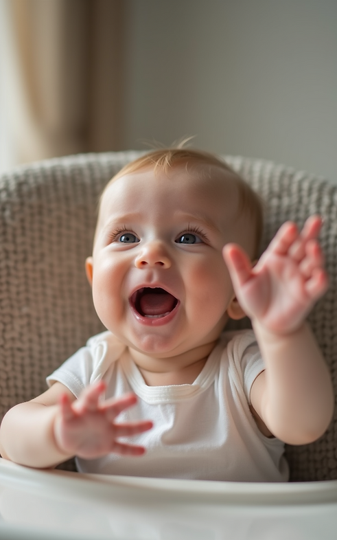 A close-up shot of a happy baby babbling and reaching up with their hands, showcasing thei