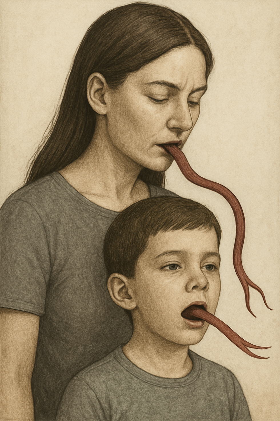 A mother, seemingly angry, using her forked-tongue to say harsh words, while her son innocently imitates her.