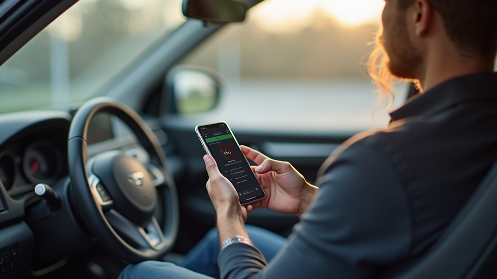 Eye-level view of a person using a smartphone to check car information