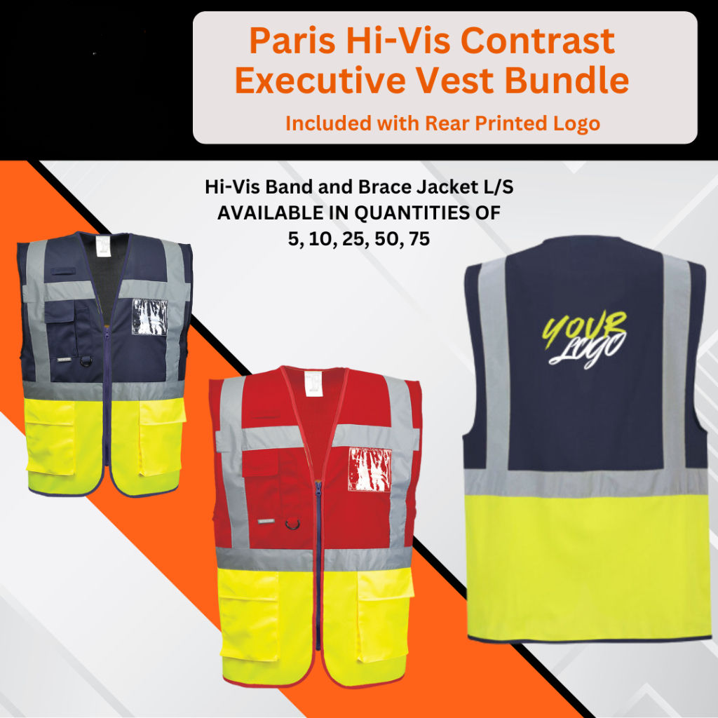 Paris Hi-Vis Contrast Executive Vest Bundle -Rear Logo Included