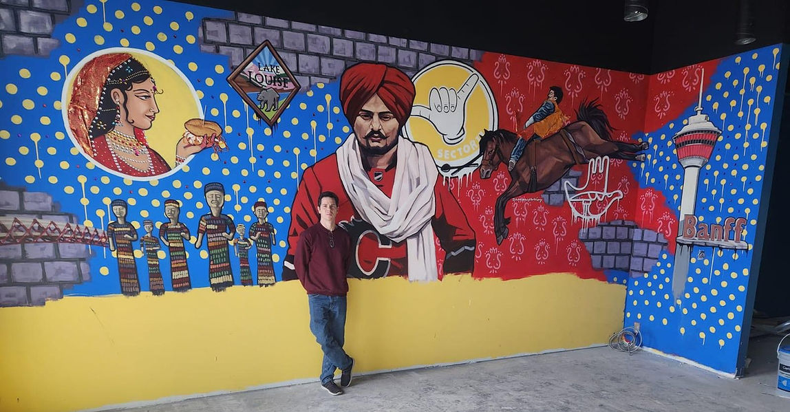 Sidhu Moosewala, rocky mountains, Banff, and Calgary stampede in custom painting.