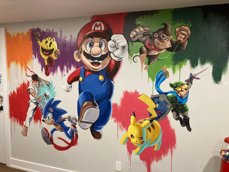 Retro Nintendo characters in a large painting.