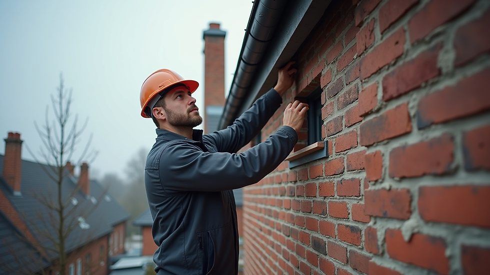 Eye-level view of chimney technician inspecting chimney exterior
