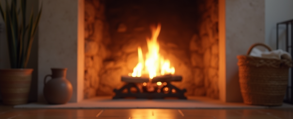 A clean, modern fireplace hearth with a warm, inviting glow, showcasing safety and comfort