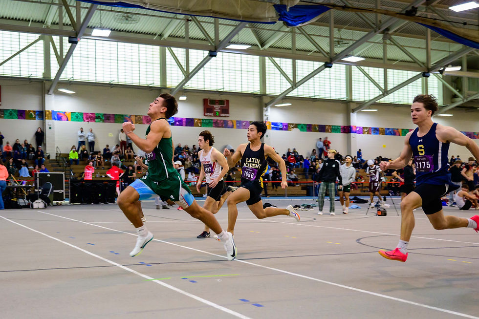 Dartmouth's Jackson Hart leads Christian Salvan (2175) of Shrewsbury, Khang Ngo (1656) of Boston Latin Academy and Masconomet Regional's Robert Connelly (1982) in the 55M dash.