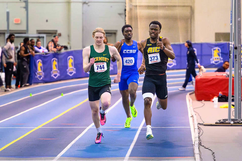 Nate Wanger (744), Jayden Brown (420) and Junior Grant (373) compete in the 400m at the NEICAAA Indoor Championships held at the Reggie Lewis Track and Athletic Center on March 7, 2026.