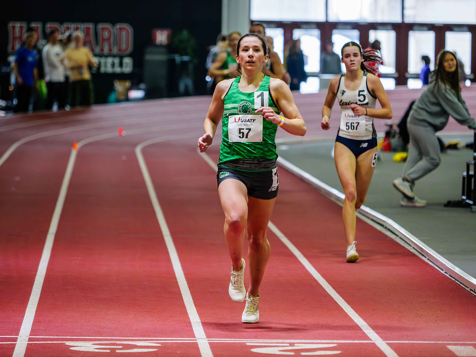 Jamie Lord (57) competing in the women's 5000m at the USATF NE Indoor Track & Field Championship at Harvard's Gordon Track on February 22, 2026.