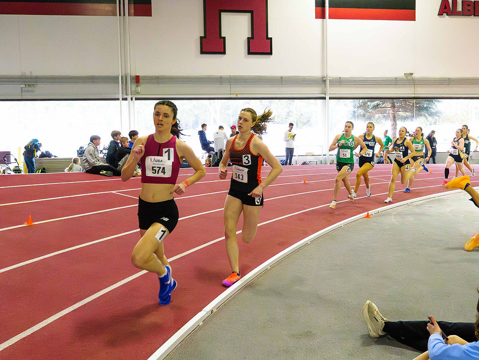 Julia Fenerty and Ieva MacInnes in the women's 800m at the USATF NE Indoor Track & Field Championship at Harvard's Gordon Track on February 22, 2026