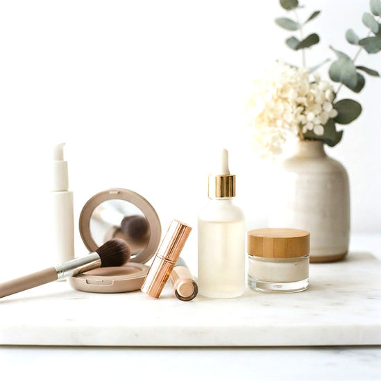 white background of products like make up and skincare but no brand and do like very brigh