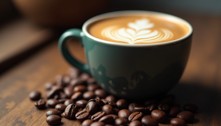 Close-up view of a cup of coffee with intricate latte art on a wooden table with coffee beans around