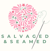 Salvaged and Seamed's business logo - abstract flower circle with needle and thread interwoven with business name 