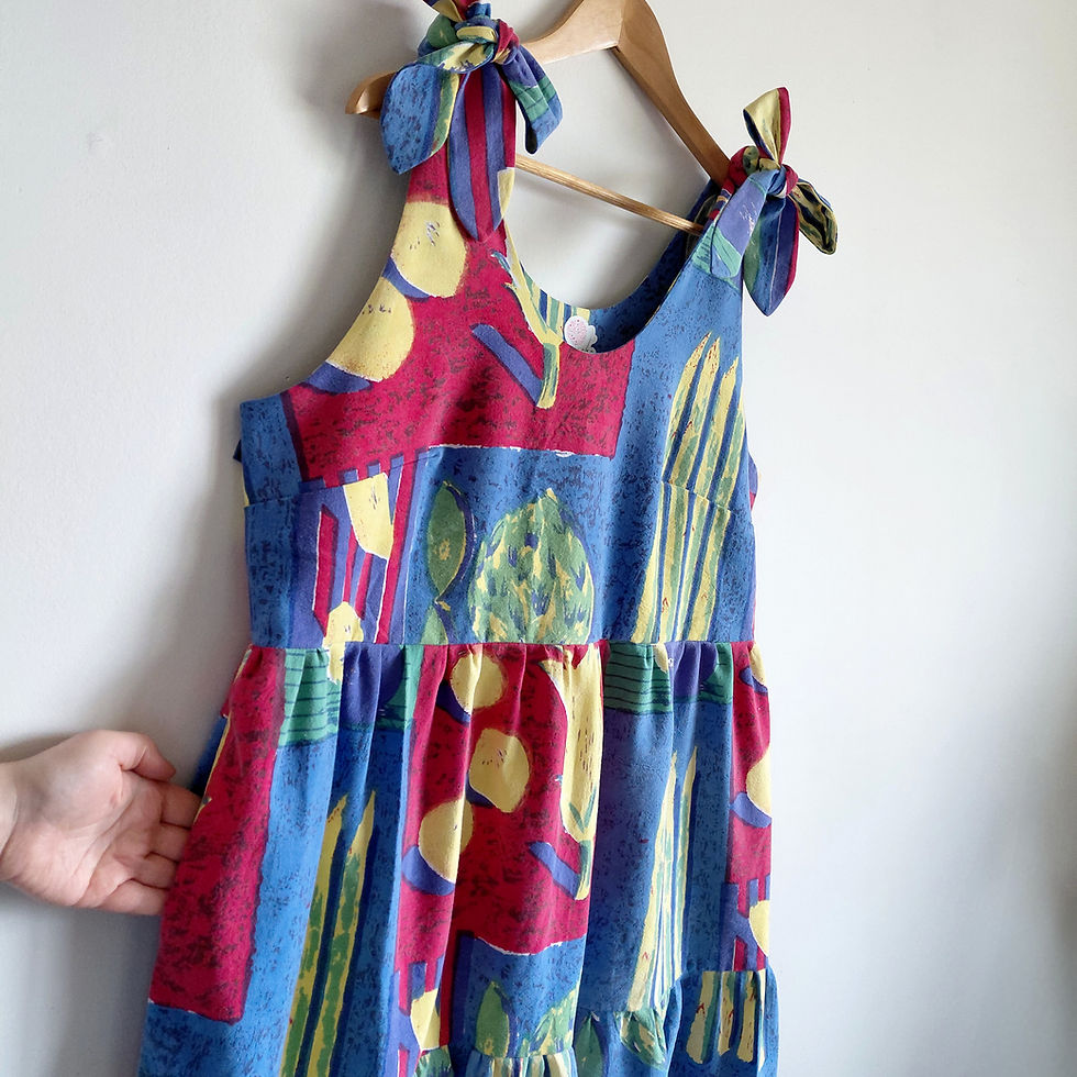 Thumbnail: Handmade, Upcycled Vintage 80s Veggie Tablecloth Tie Shoulder Dress Size Large