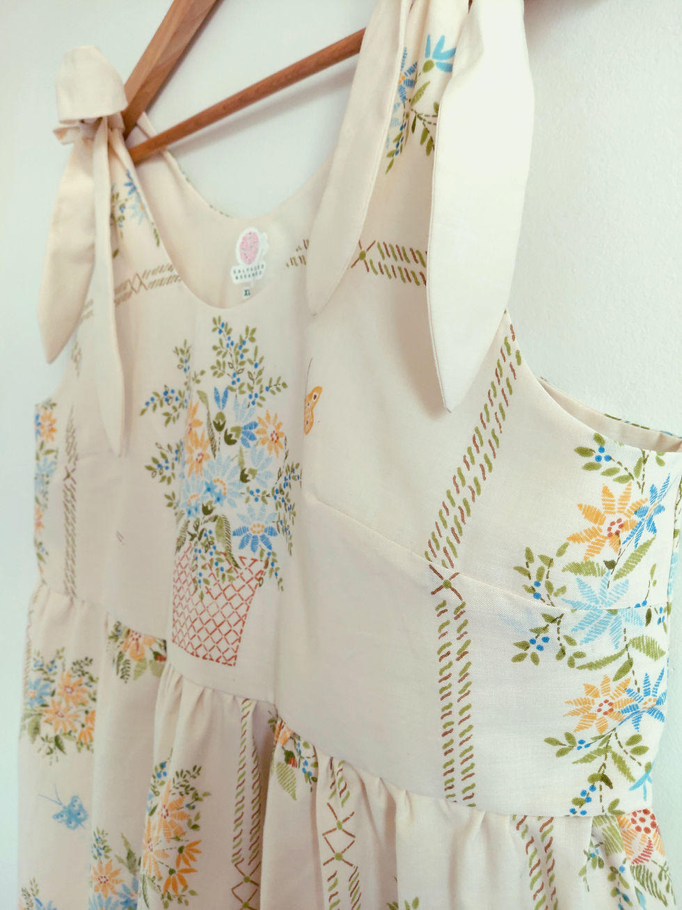 Thumbnail: Handmade, Upcycled Vintage Flower Basket Bed Sheet Tie Shoulder Dress Size XL