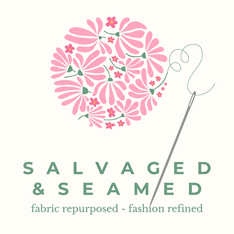 Salvaged and Seamed's business logo - abstract flower circle with needle and thread interwoven with business name