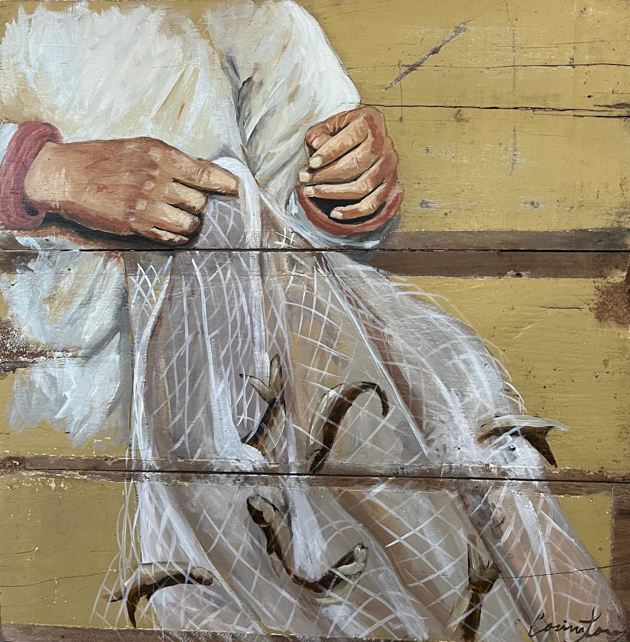 "Mãos na Rede" Acrílica s/tela (74x72 cm) - Série: "Armação de Pesca